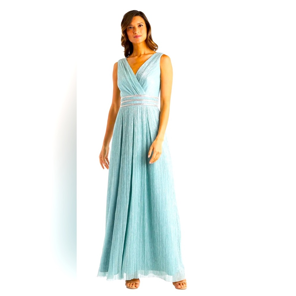 Long Crinkle Pleated Sleeveless Dress with Rhinestone Trio Waistband